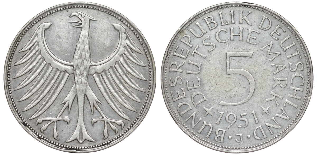 ФРГ 5 марок 1951 J (Гамбург), J. 387, KM 112.1 серебро 4178-836