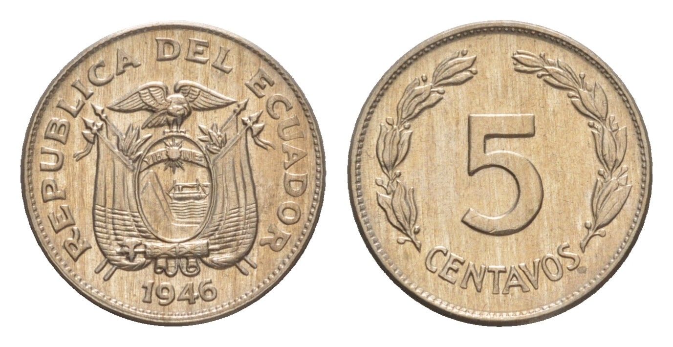 Эквадор 5 сентаво 1946 KM 75b медно-никель aUNC 4640-1127