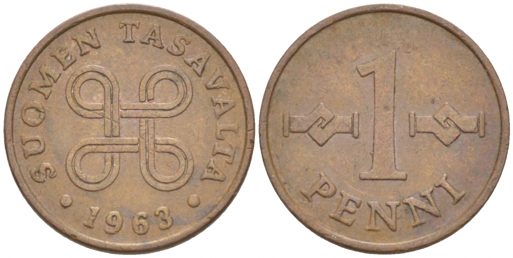 Финляндия 1 пенни 1963 первый год KM 44 медь 3718-112