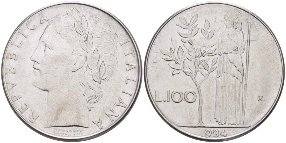 ИТАЛИЯ 100 ЛИР 1984 R, АФИНА, ДИАМЕТР 28 ММ. KM 96.1 нержавеющая сталь 4531-115