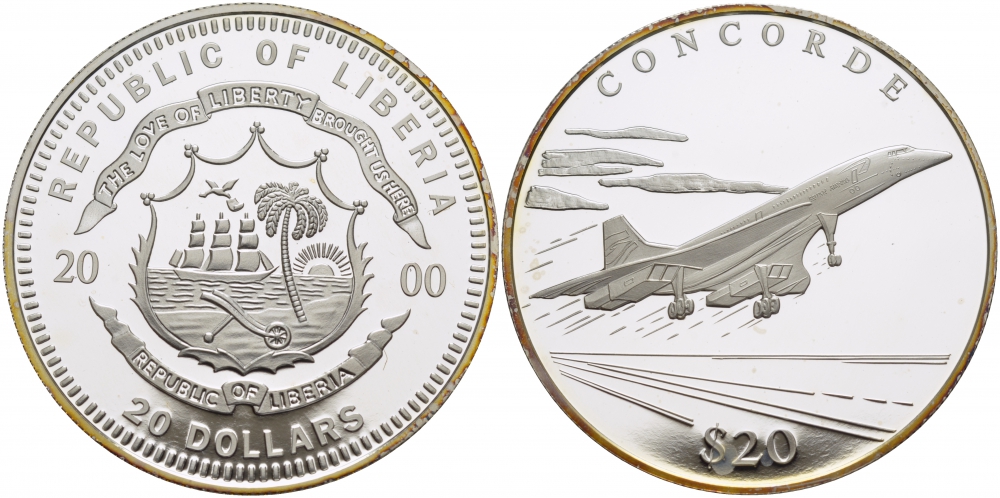 Либерия 20 долларов 2000 серия история авиации, КОНКОРД, CONCORDE АНГЛО-ФРАНЦУЗСКИЙ СВЕРХЗВУКОВОЙ САМОЛЕТ серебро PROOF 01-148-44