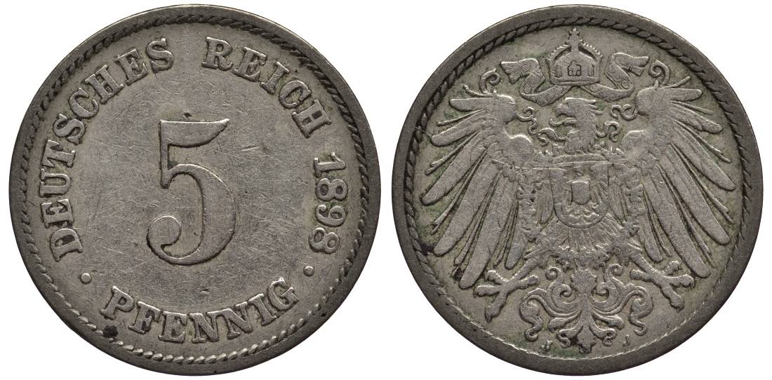 Германия 5 пфеннигов 1898 J KM 11, Jager 12, Weege 6 медно-никель 4547-361