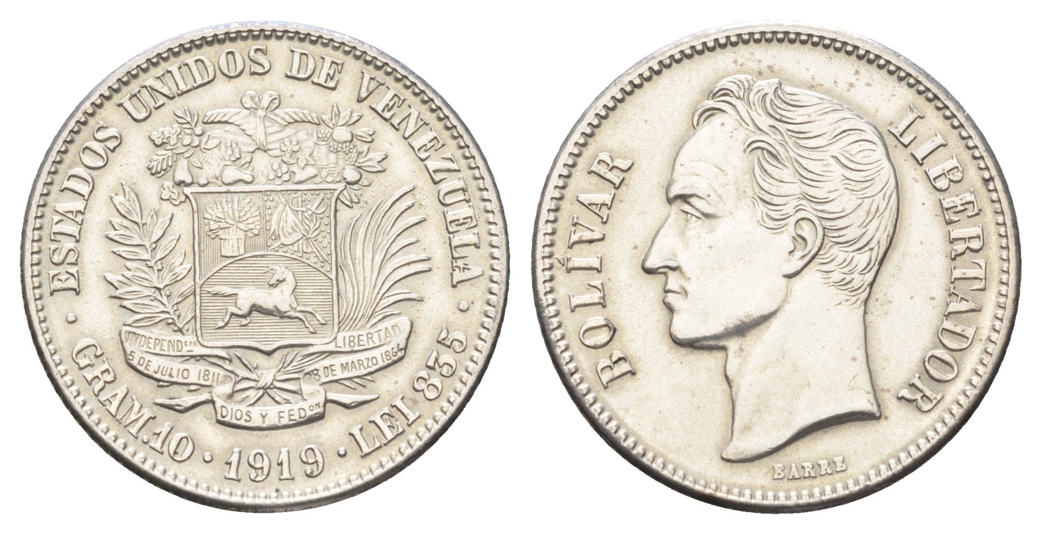 Венесуэла 2 боливара 1919 Y 23 серебро 4127-1533