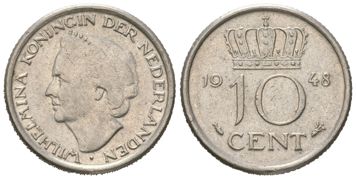 Нидерланды 10 центов 1948 Вильгельмина (1895-1948) KM 177 никель 4173-1128