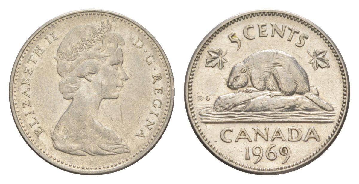Канада 5 центов 1969 Елизавета II (1952-2022), бобр KM 60.1 никель 4630-716