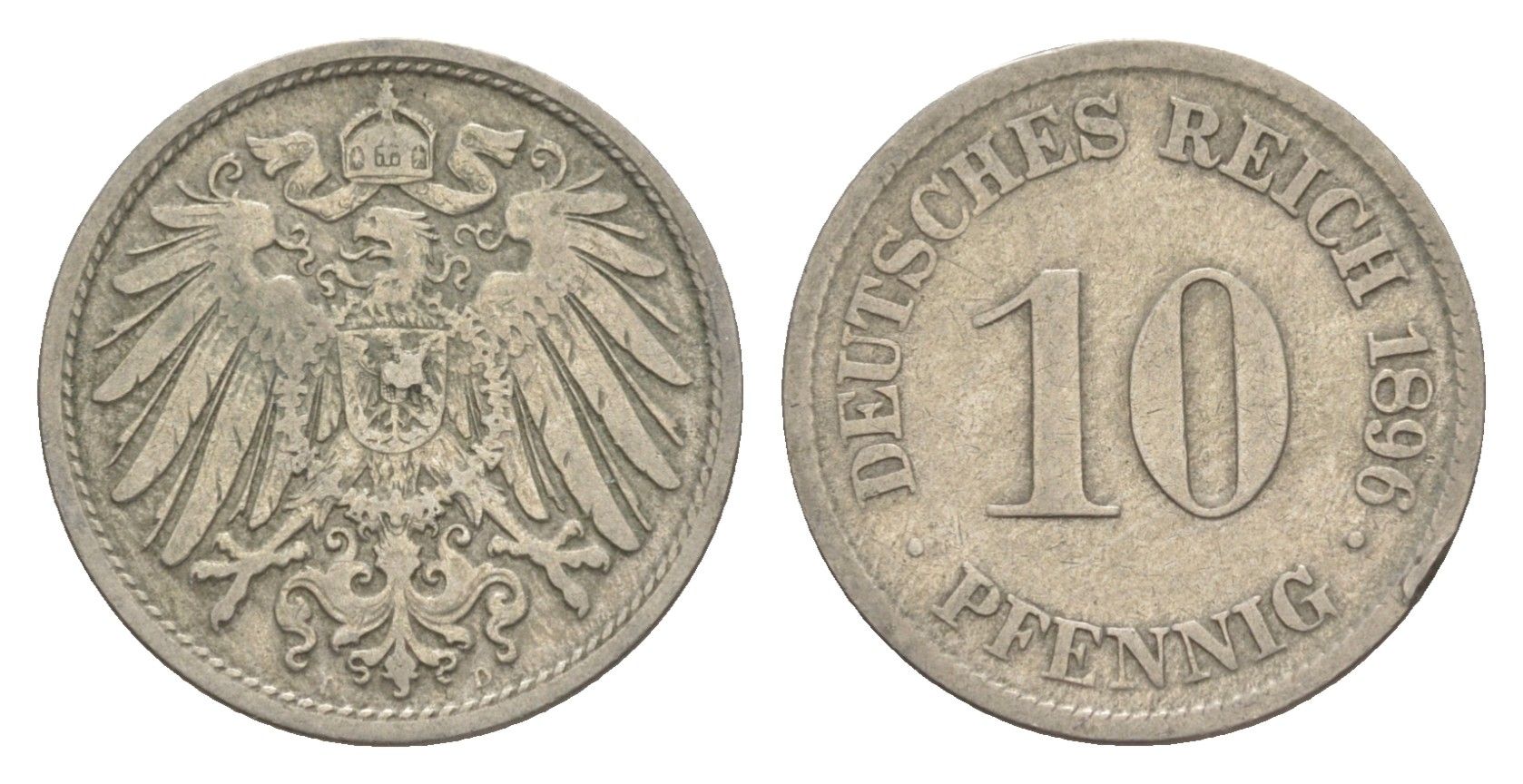 Германия 10 пфеннигов 1896 D, Вильгельм II (1888-1918) KM 12, J. 13 медно-никель 4644-1144