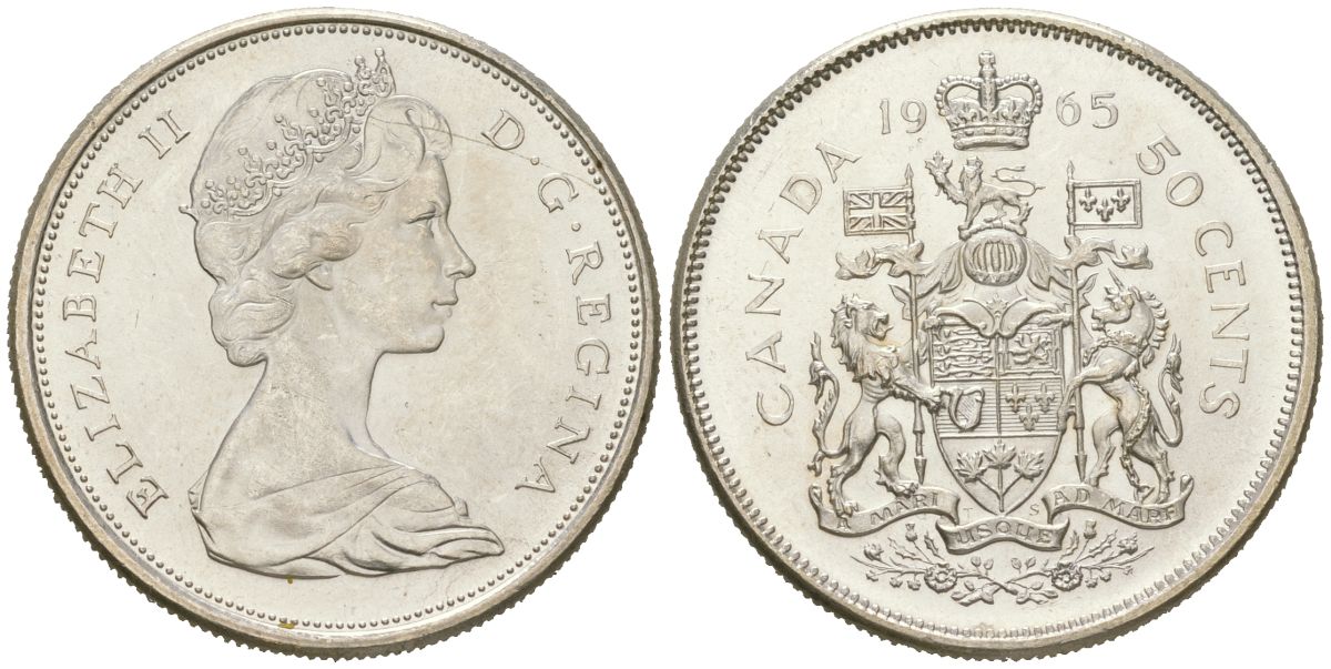Канада 50 центов 1965 Елизавета II (1952-2022) KM 63 серебро UNC 68-916