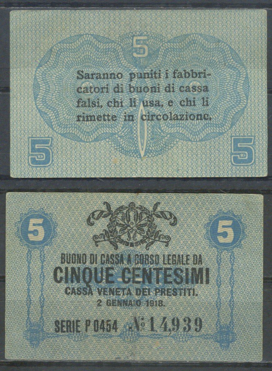 Италия 5 чентезимо 1918 	Венецианский ссудный банк Pick M1 бумага aUNC 7554-8-3-2