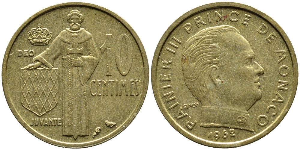 Монако 10 сантимов 1962 Ренье III (1949-2005) KM 142 алюминиевая бронза 4393-1237