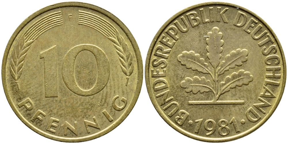 ФРГ 10 ПФЕННИГОВ 1981 F KM 108, J.383 сталь плакированная латунью 4388-147