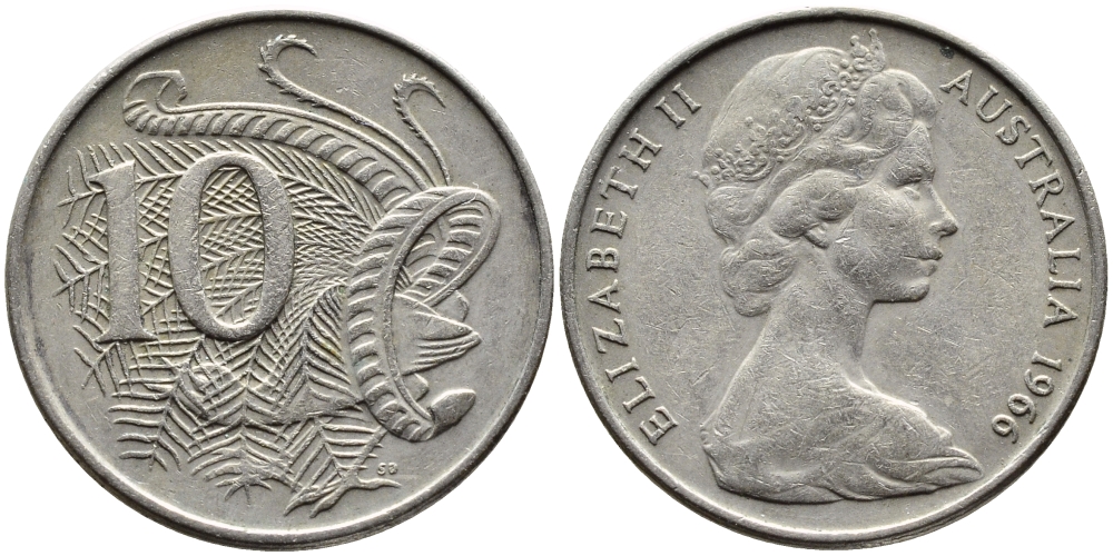 Австралия 10 центов 1966 Елизавета II (1952-), птица лирахвост KM 65 медно-никель 4391-1043