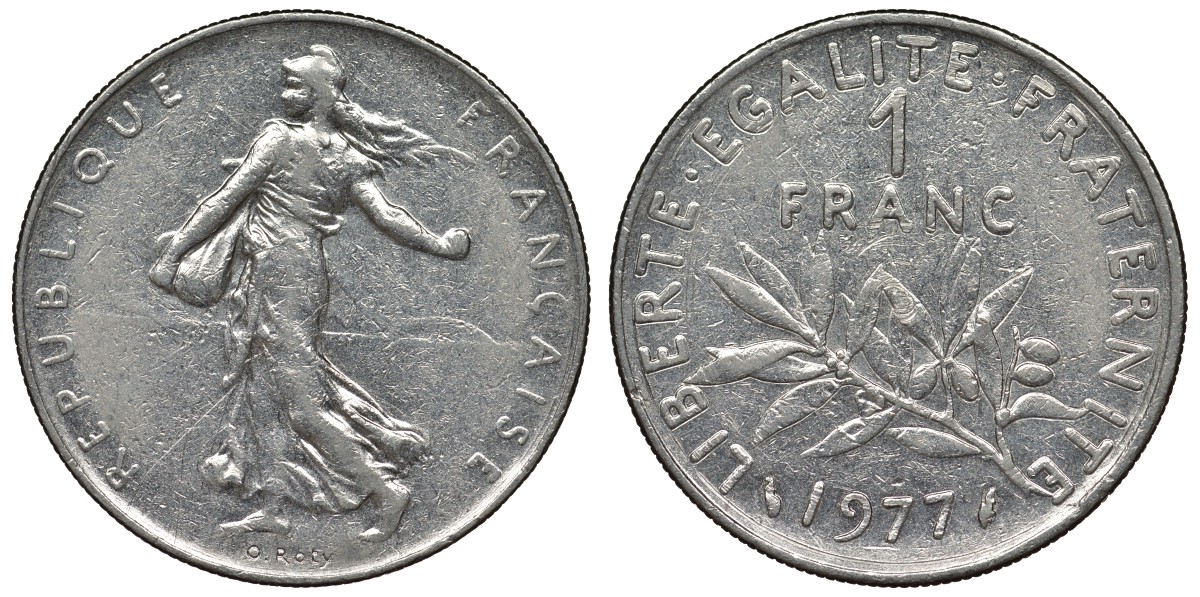 Франция 1 франк 1977 сеятель KM 925.1, Le Franc 226.22 никель 4128-433