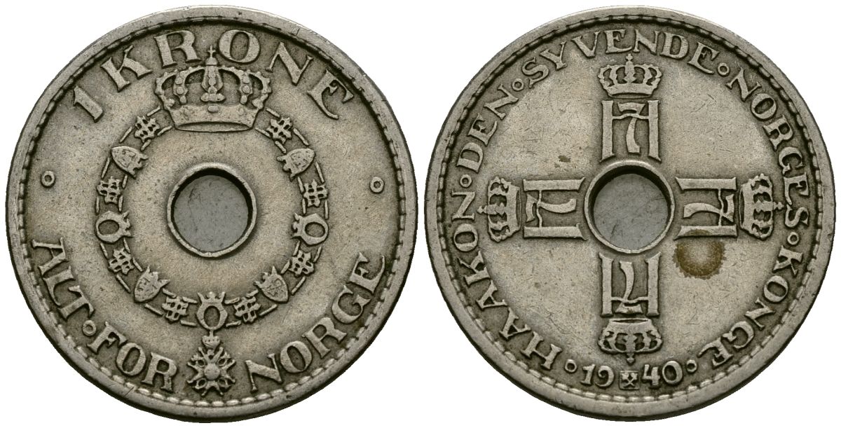 Норвегия 1 крона 1940 Хокон VII (1905-1957) KM 385 медно-никель 4138-831