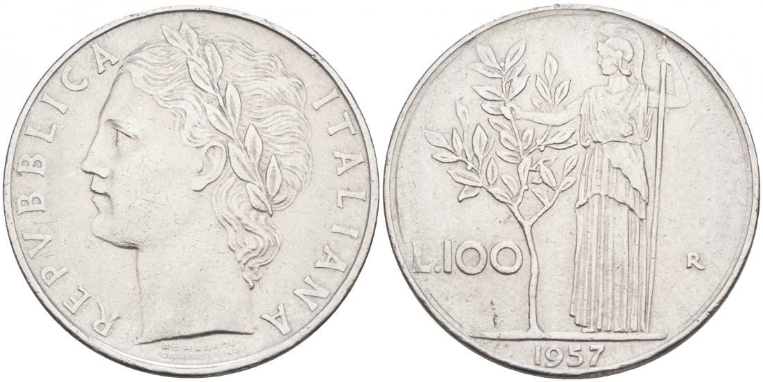 ИТАЛИЯ 100 ЛИР 1957 R, АФИНА KM 96.1 нержавеющая сталь 3855-735
