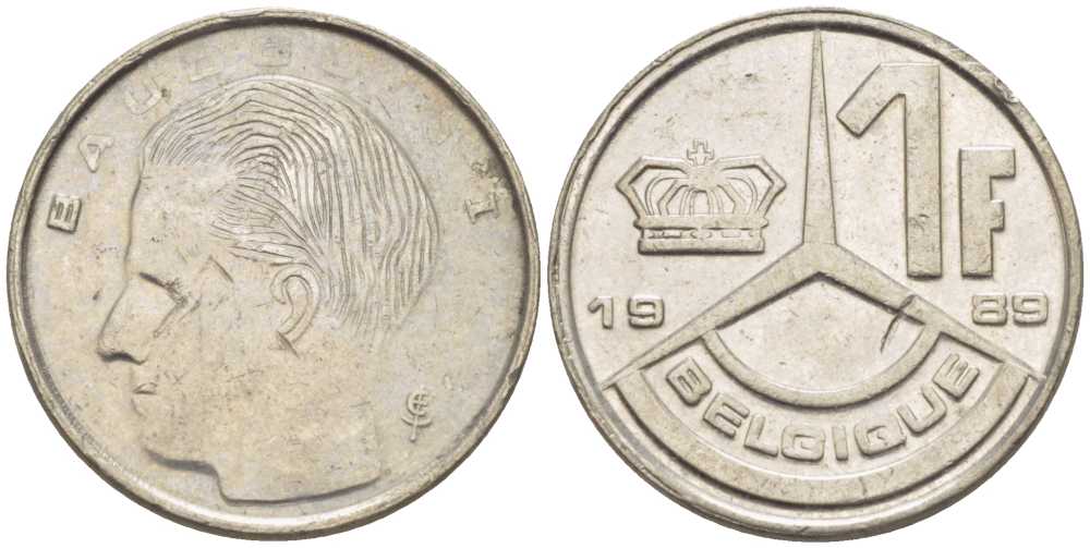 Бельгия 1 франк 1989 Belgique, Бодуэн I (1951-1993) KM 170 железо плакированное никелем 3851-1145
