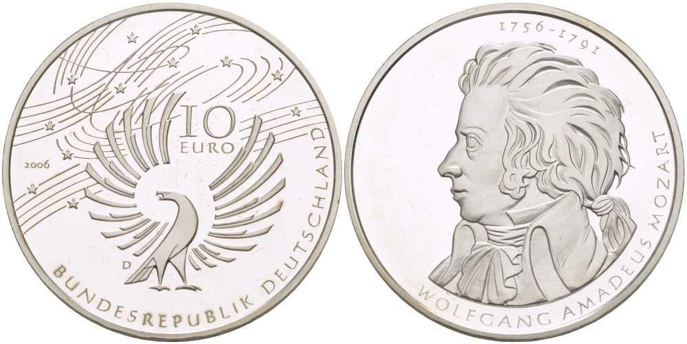 ФРГ 10 евро 2006 D, 250 лет со дня рождения Вольфганга Амадея Моцарта KM 248, DE.S. 10.29 серебро PROOF 1085-5-65