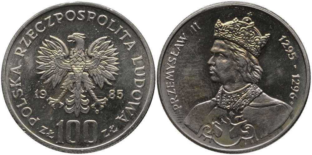 ПОЛЬША 100 ЗЛОТЫХ 1985 MW, СЕРИЯ ПОЛЬСКИЕ КОРОЛИ, ПШЕМЫСЛАВ II (1295-1296) KM 155 медно-никель UNC 180-336