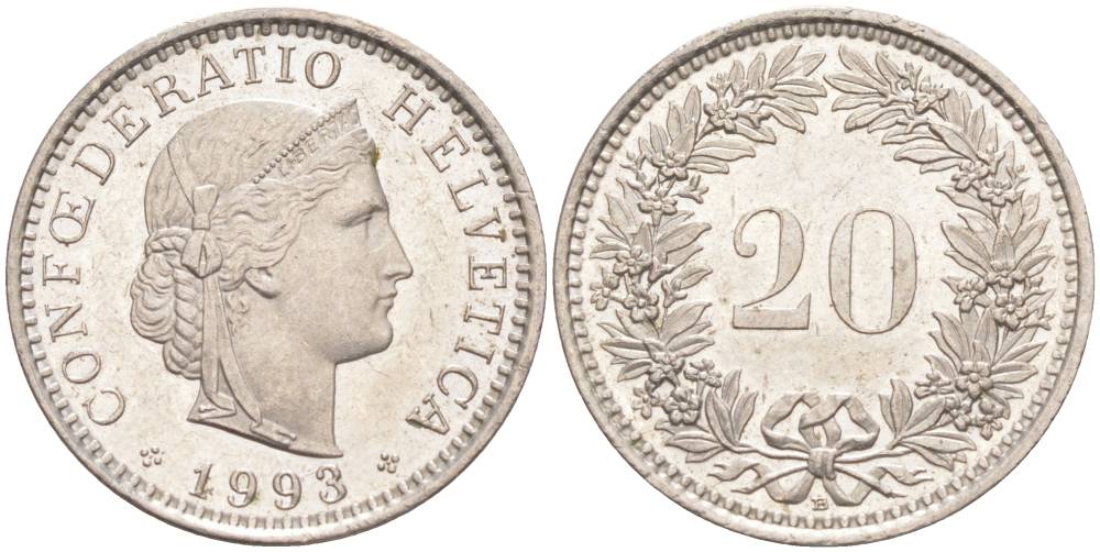ШВЕЙЦАРИЯ 20 РАППЕНОВ 1993 В KM 29a медно-никель 55-1042