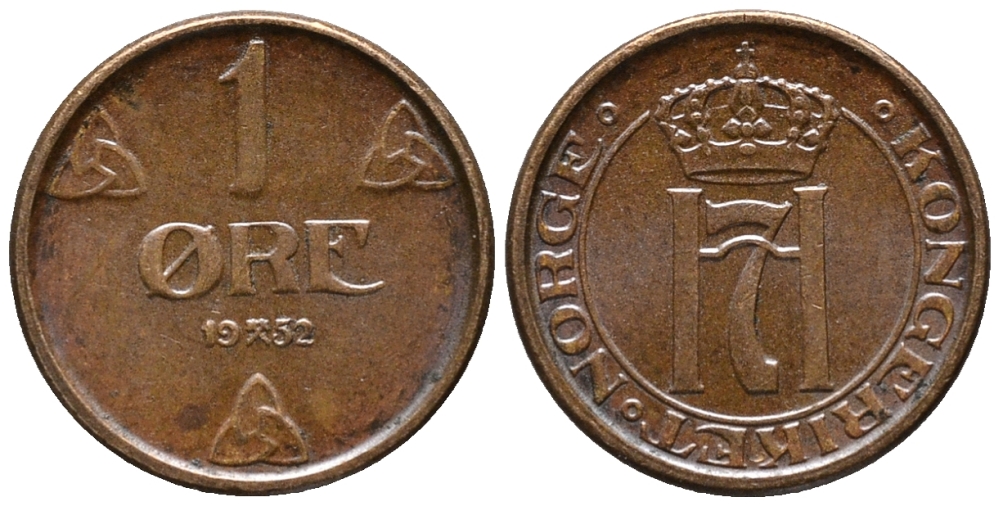 НОРВЕГИЯ 1 ЭРЕ 1952 ХОКОН VII (1905-1957) KM 398 бронза 66-141