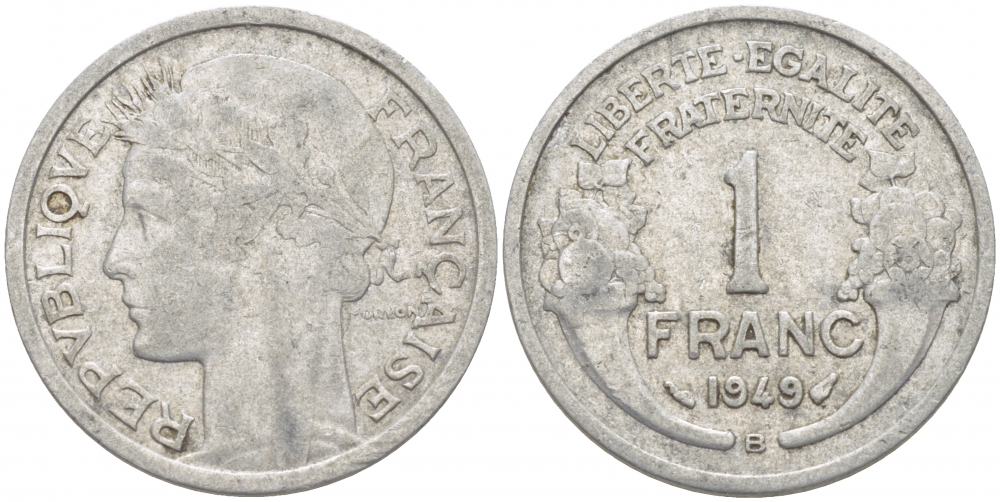 ФРАНЦИЯ 1 ФРАНК 1949 В, ТИП MORLON, LEGERE KM 885a 2, LE FRANC 221.16 алюминий 4402-923