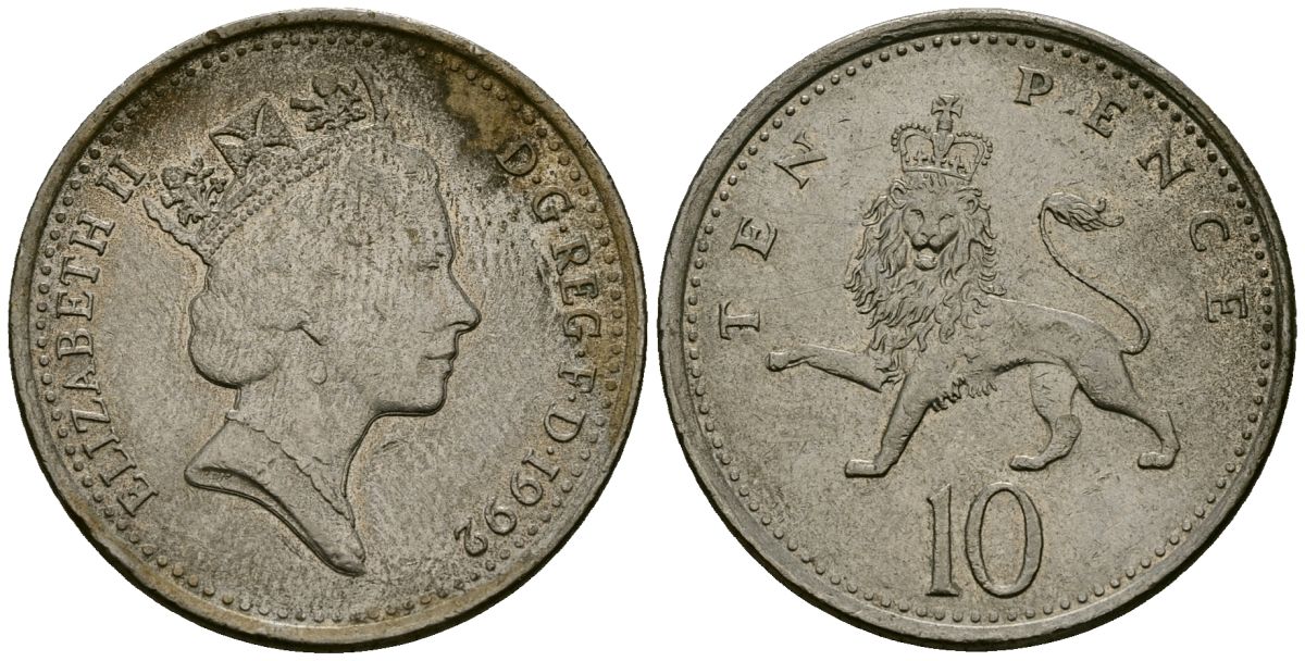 Великобритания 10 пенсов 1992 Елизавета II (1952-2022) KM 938b, Spink 4367 (F4) медно-никель 4167-541