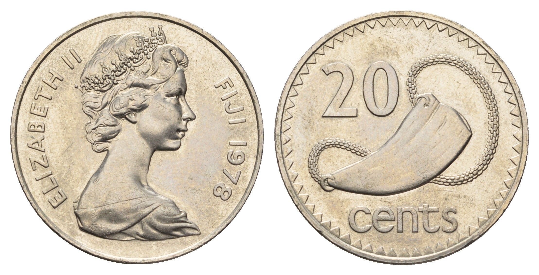 Фиджи 20 центов 1978 Елизавета II (1952-2022), китовый зуб KM 31 медно-никель UNC 4545-432