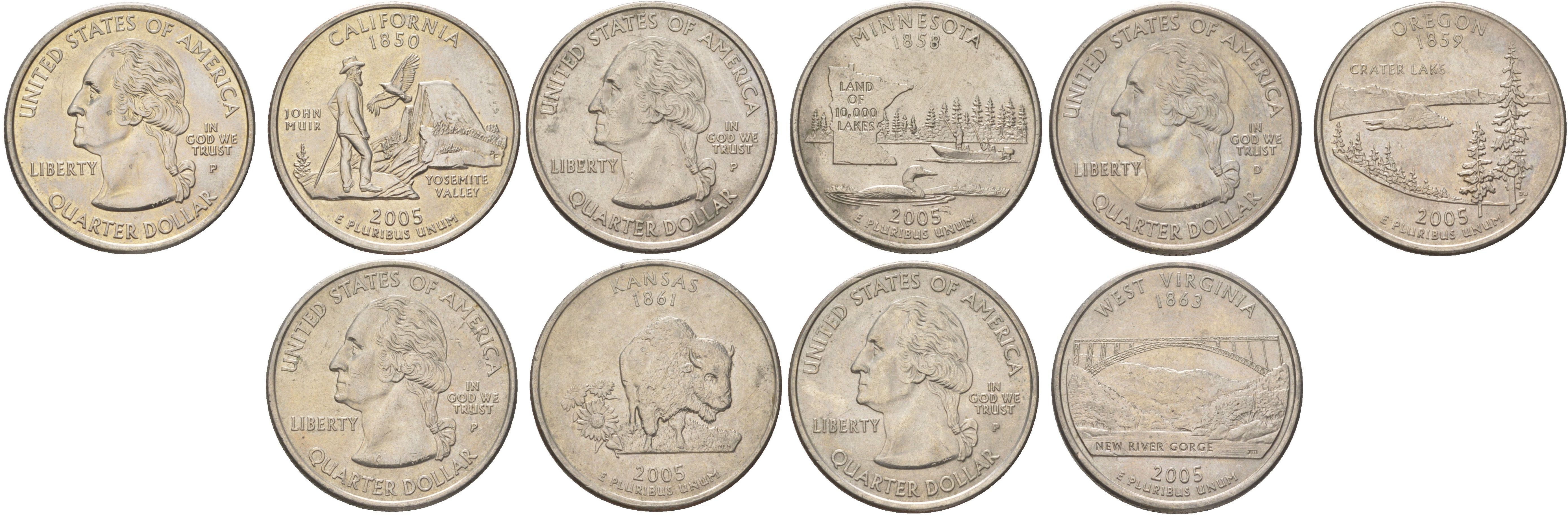 США годовой набор из 5 монет (25 центов, квотер, 1/4 доллара) серии квотеры 50 штатов 2005 Квотер штата Калифорния, Миннесота, Орегон, Канзас и Западная Вирджиния KM 370, 371, 372, 373 и 374 медь плакированный медно-никелем UNC 4629-111-115