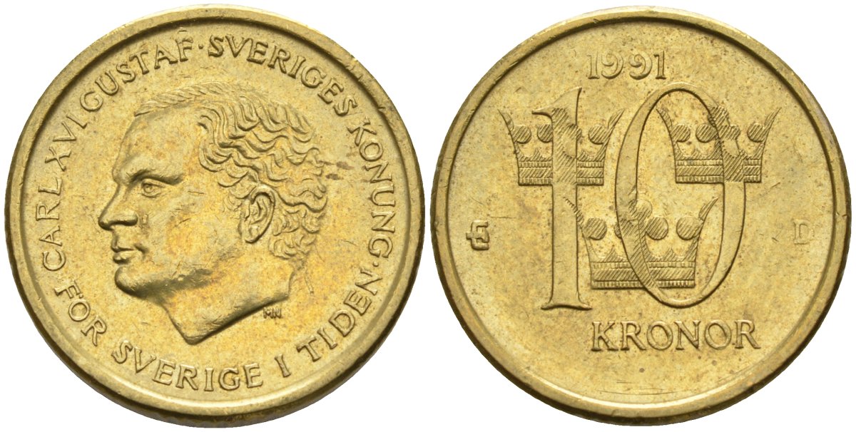 Швеция 10 крон 1991 D, Карл XVI Густав (1973- ) KM 877 медь алюминий цинк 4592-136