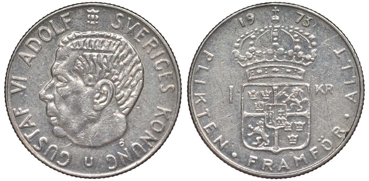 Швеция 1 крона 1973 Густав VI Адольф (1950-1973) KM 826а медь плакированная медно-никелем 25-1856