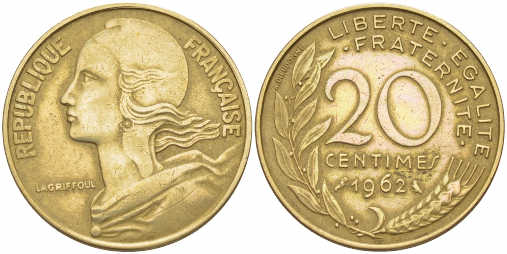 ФРАНЦИЯ 20 САНТИМОВ 1962 KM 930 медь алюминий никель 3856-1036