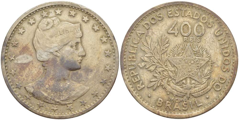 БРАЗИЛИЯ 400 РЕЙС 1901 ГОЛОВА СВОБОДЫ ВПРАВО KM 505 медно-никель 4517-1232