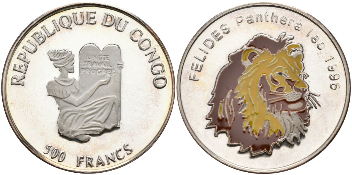 Конго 500 франков 1996 семейство кошачьи - лев, цветная эмаль KM 42 серебро PROOF 00-00