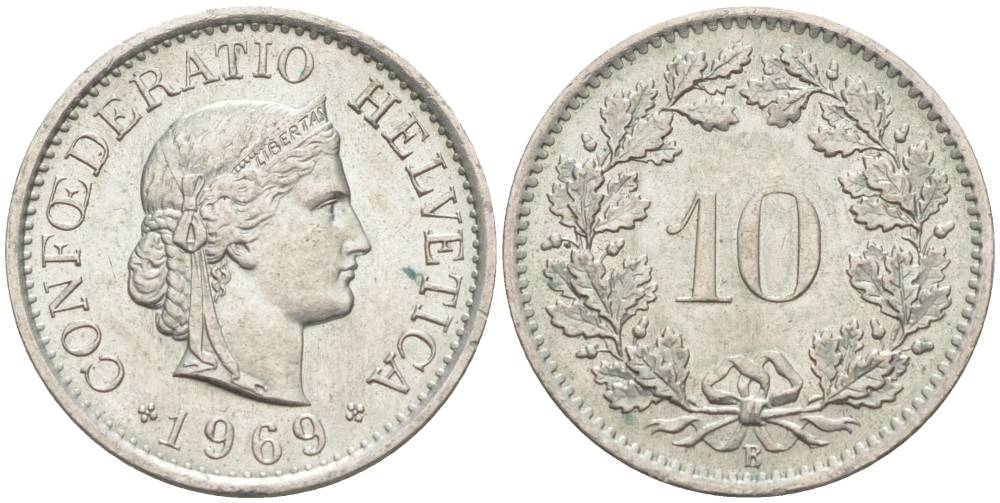 ШВЕЙЦАРИЯ 10 РАППЕНОВ 1969 В KM 27 медно-никель 55-423
