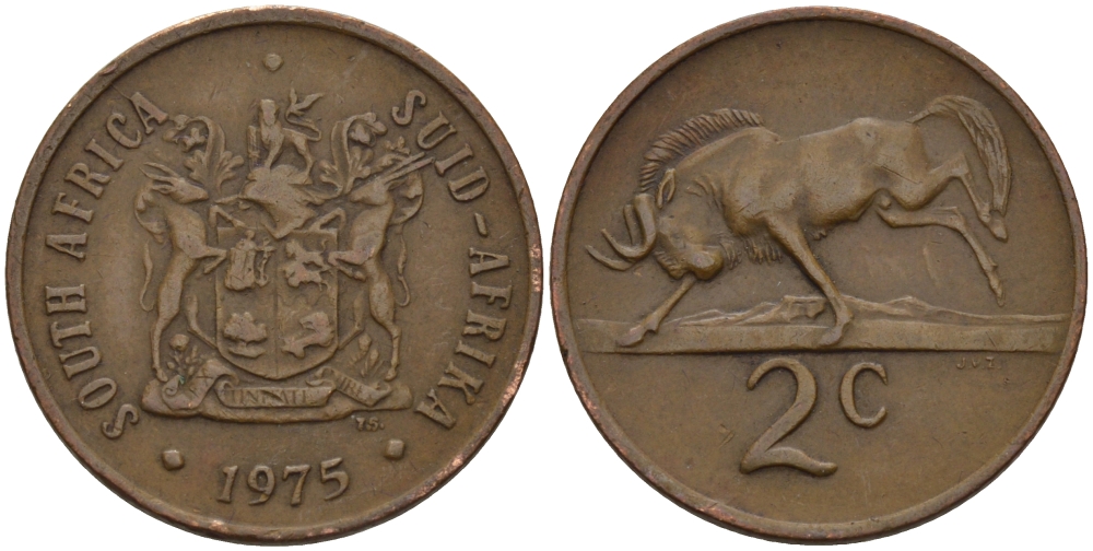 ЮАР 2 цента 1975 герб, антилопа гну KM 83 бронза 67-334