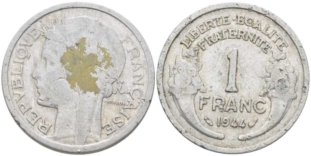 ФРАНЦИЯ 1 ФРАНК 1944 ТИП MORLON, LEGERE KM 885а.1, LE FRANC 221.3 алюминий 212-911