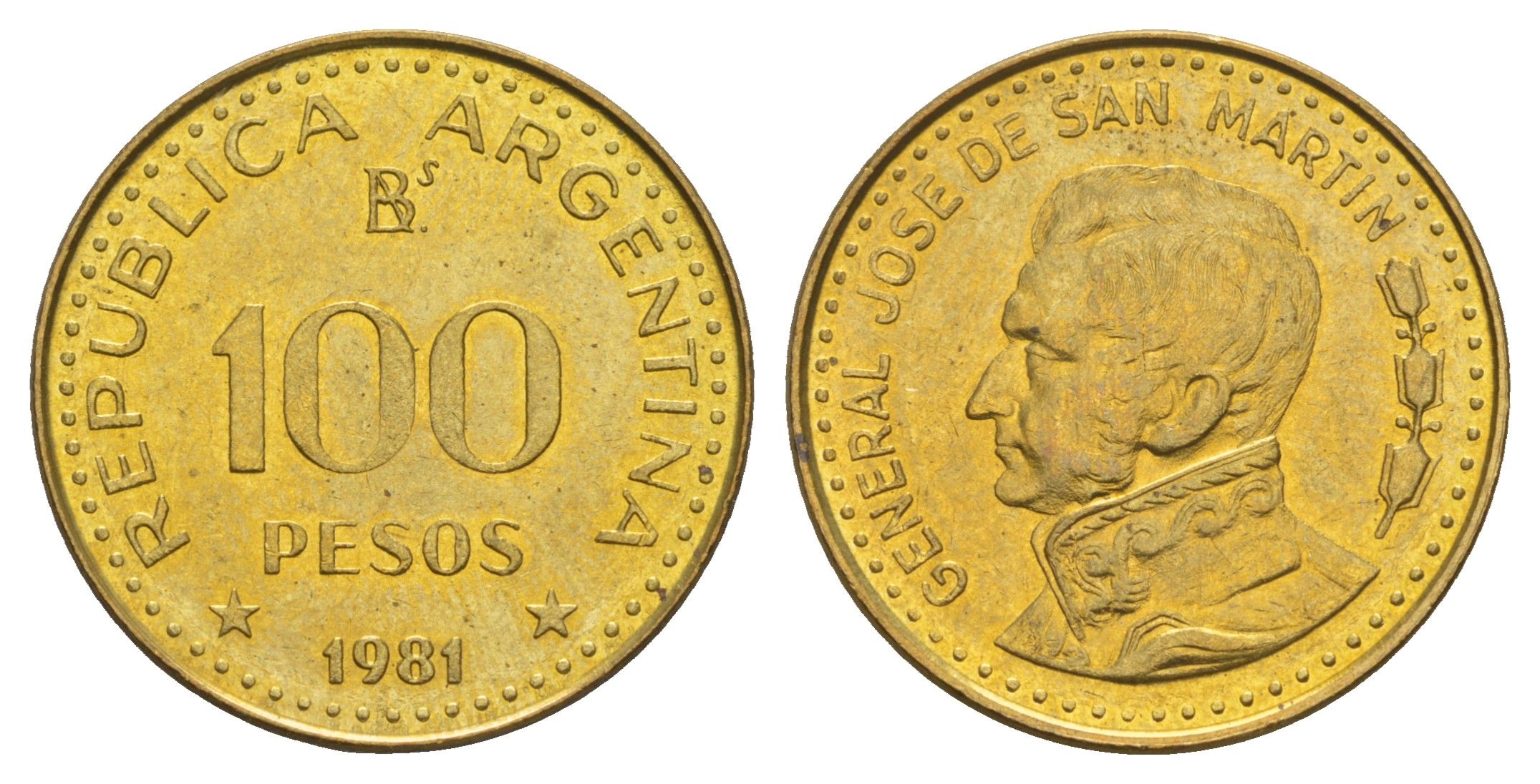 Аргентина 100 песо 1981 KM 85a сталь плакированная латунью UNC 4656-1146