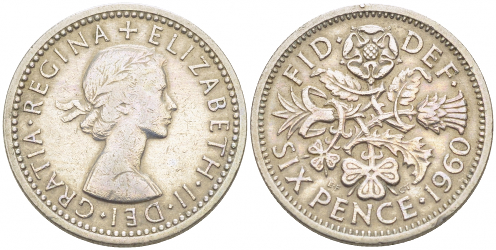 Великобритания 6 пенсов 1960 Елизавета II (1952-2022) KM 903, Spink 4149 медно-никель 3718-256
