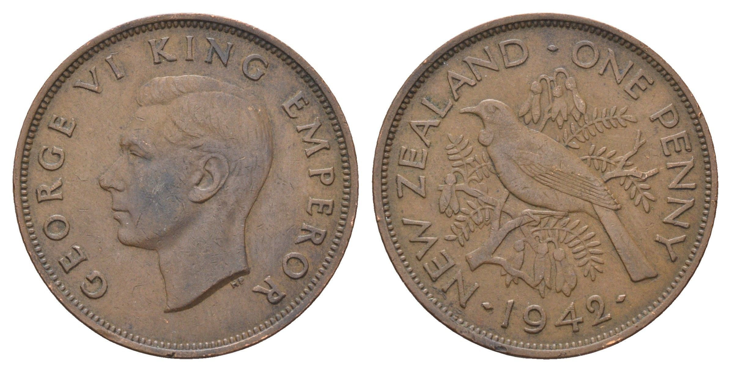 Новая Зеландия 1 пенни 1942 Георг VI (1936-1952), новозеландский туи KM 13 бронза 4661-213