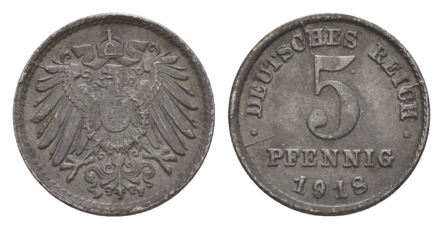 Германия 5 пфеннигов 1918 F KM 19, J. 297 железо плакированное цинком 4644-1117