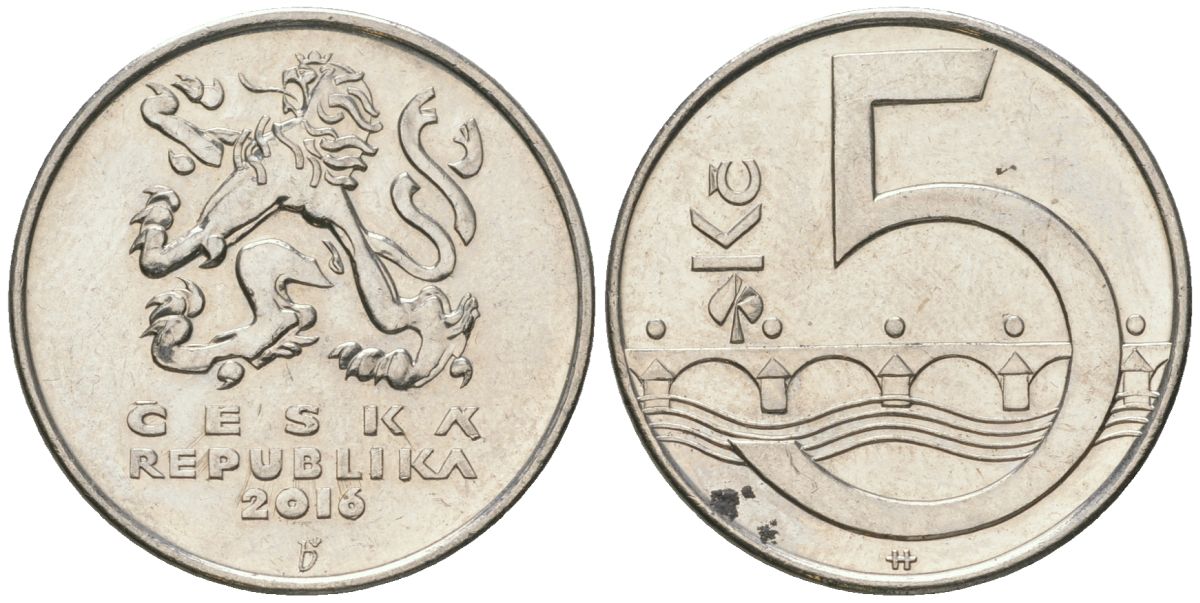 Чехия 5 крон 2016 b’, чешский лев, Карлов мост KM 8 сталь плакированная никелем aUNC 4592-755