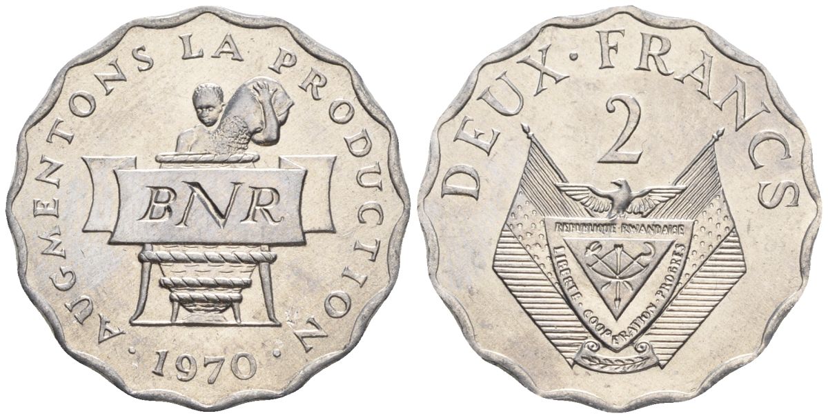 Руанда 2 франка 1970 FAO KM 10 алюминий  UNC  4610-434