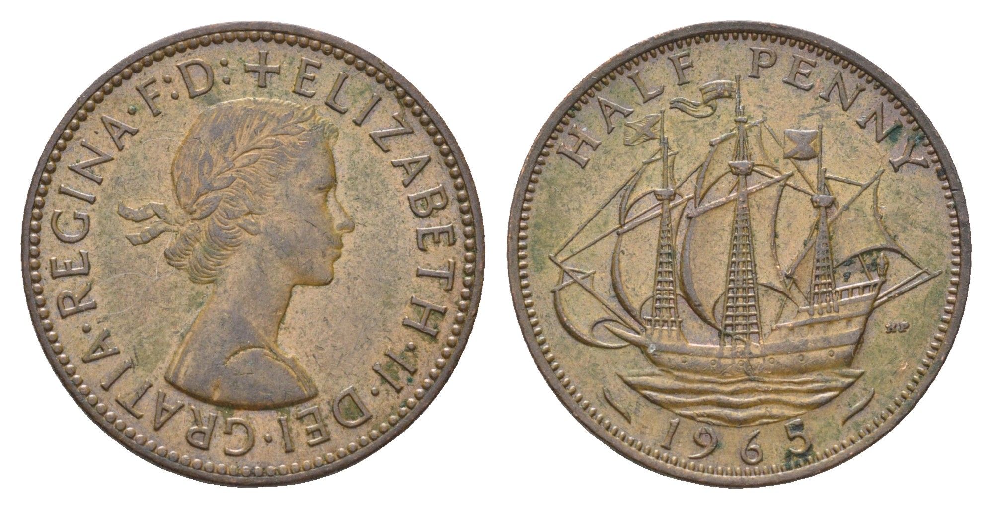 Великобритания 1/2 пенни 1965 Елизавета II (1952-2022) KM 896, Spink 4158 бронза    4660-646