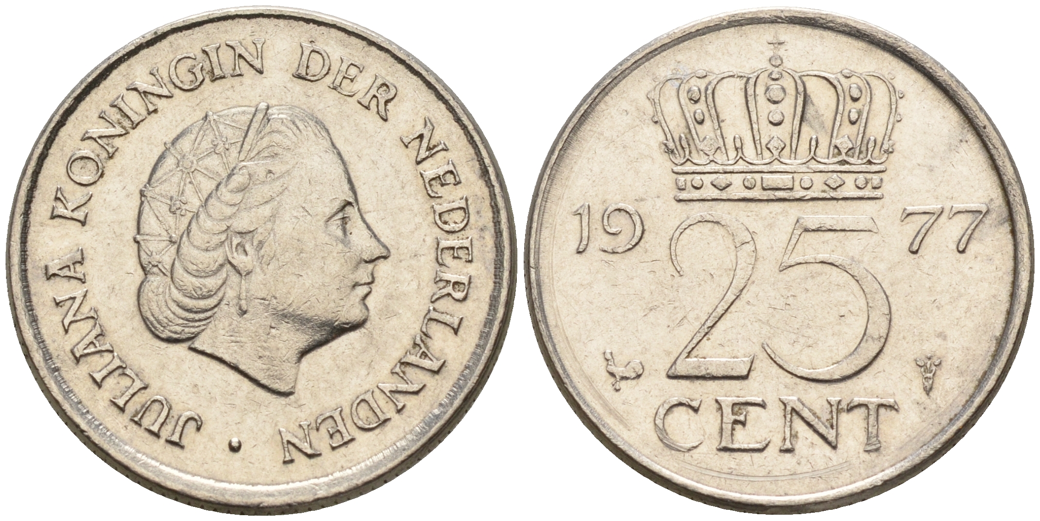 Нидерланды 25 центов 1977 Юлиана (1948-1980) KM 183 никель 4124-126