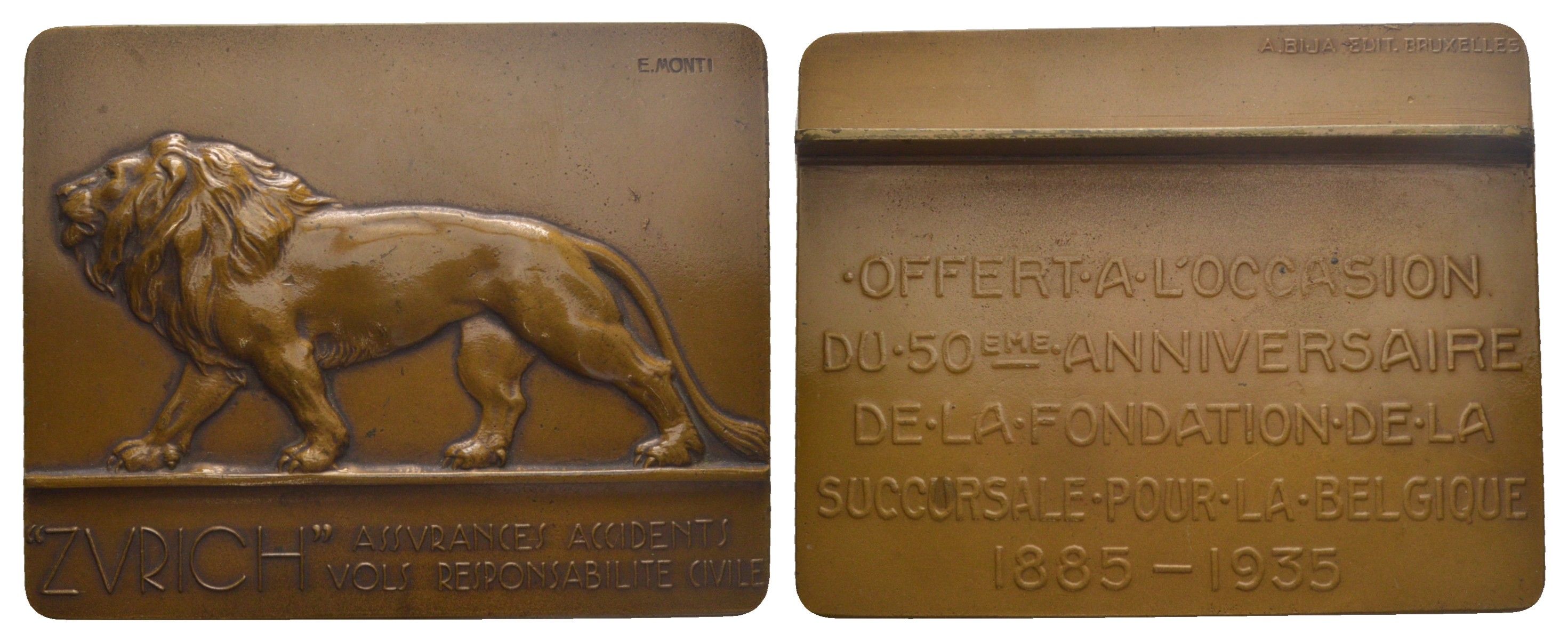 Бельгия сувенирная плакетка к 50-летию Бельгийского филиала страховой компании - Compagnie Zurich 1935 медальер М. Эмилио, Лев, размер 89,5x70 мм, вес 252,4 гр Landi 117 бронза 3-5-3-22