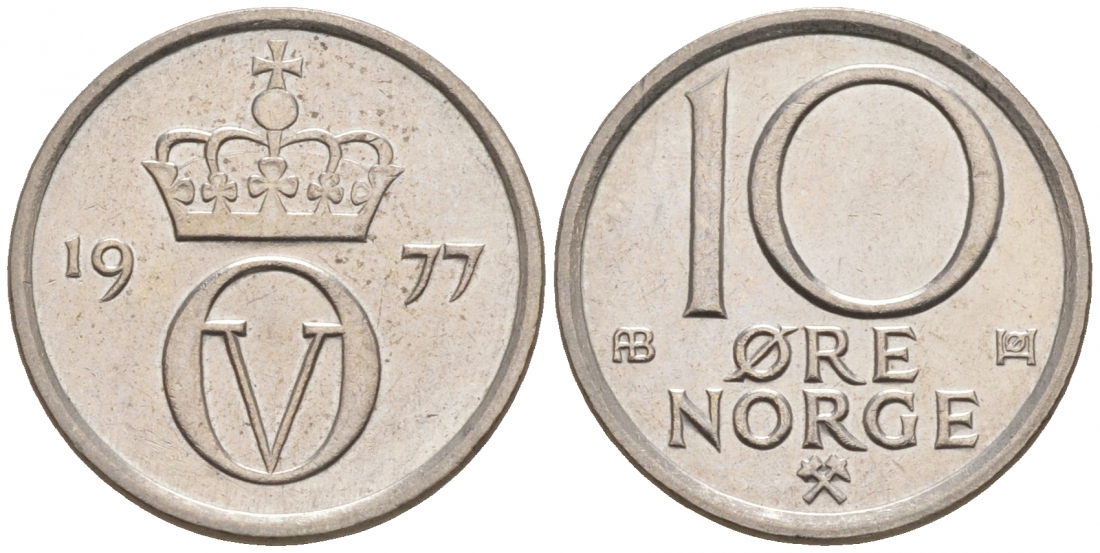 Норвегия 10 эре 1977 Улаф V (1957-1991) KM 416 медно-никель aUNC 44-1014