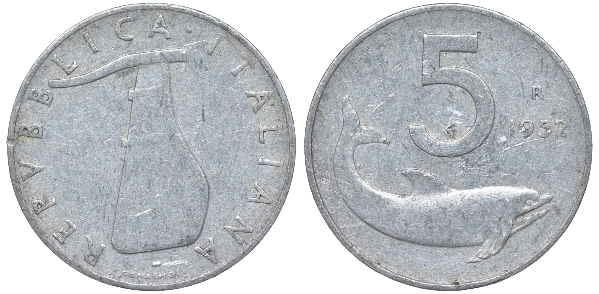 Италия 5 лир 1952 R, плуг, дельфин KM 92 алюминий 4596-424