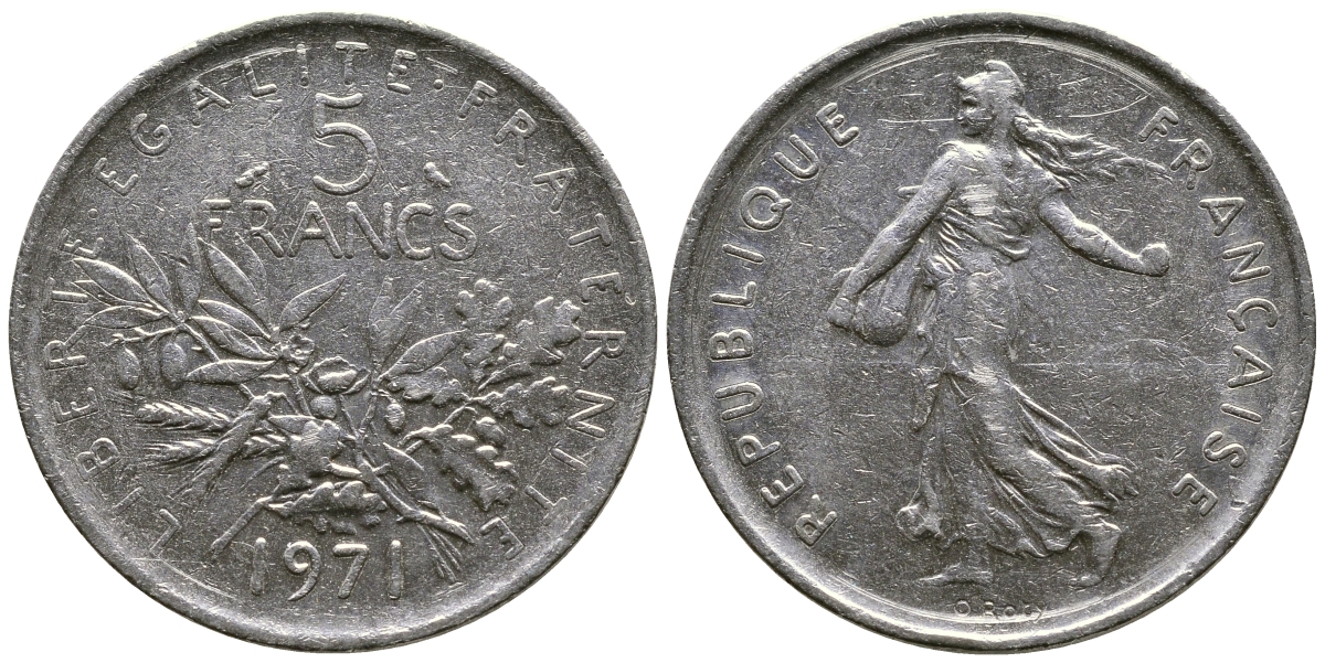 Франция 5 франков 1971 сеятель KM 926a.1, Le Franc 341.3 медно-никель плакированный никелем 51-4634