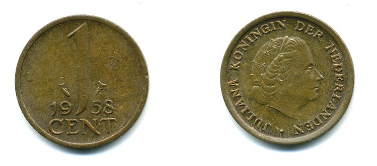 НИДЕРЛАНДЫ 1 ЦЕНТ 1958 ЮЛИАНА KM 180 бронза 76-255