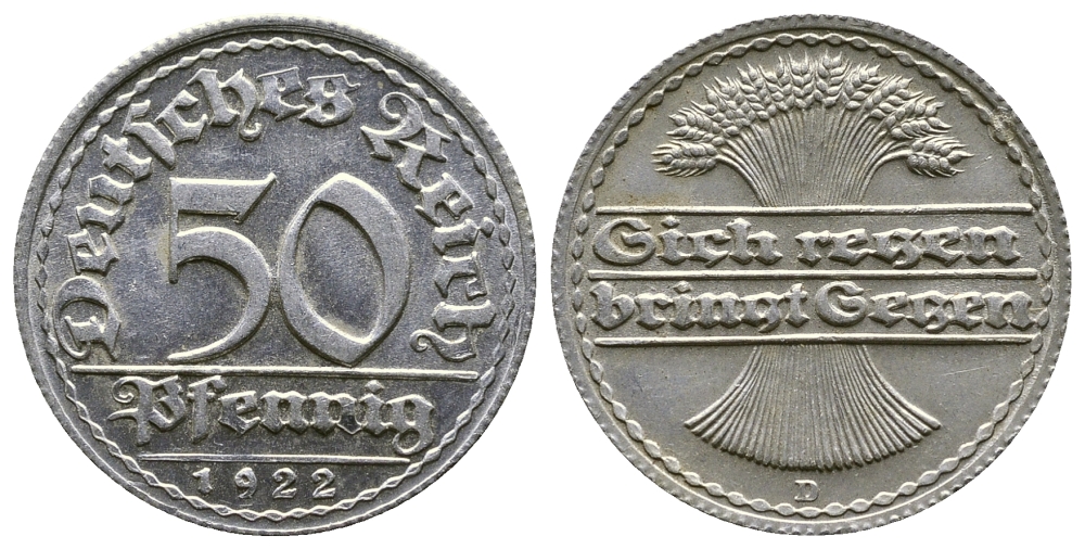 ГЕРМАНИЯ 50 ПФЕННИГОВ 1922 D KM 27, J. 301, Weege 10 алюминий 4380-921