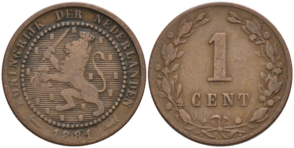 Нидерланды 1 цент 1881 Виллем III (1849-1890) KM 107 бронза 4576-558